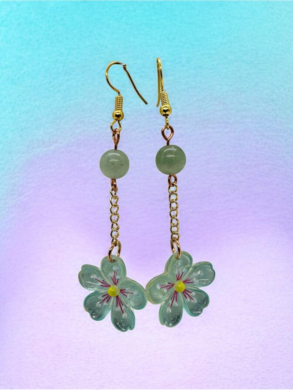 Blue Flower Long Dangle Earrings Gold Chain Handmade Floral Jewelry